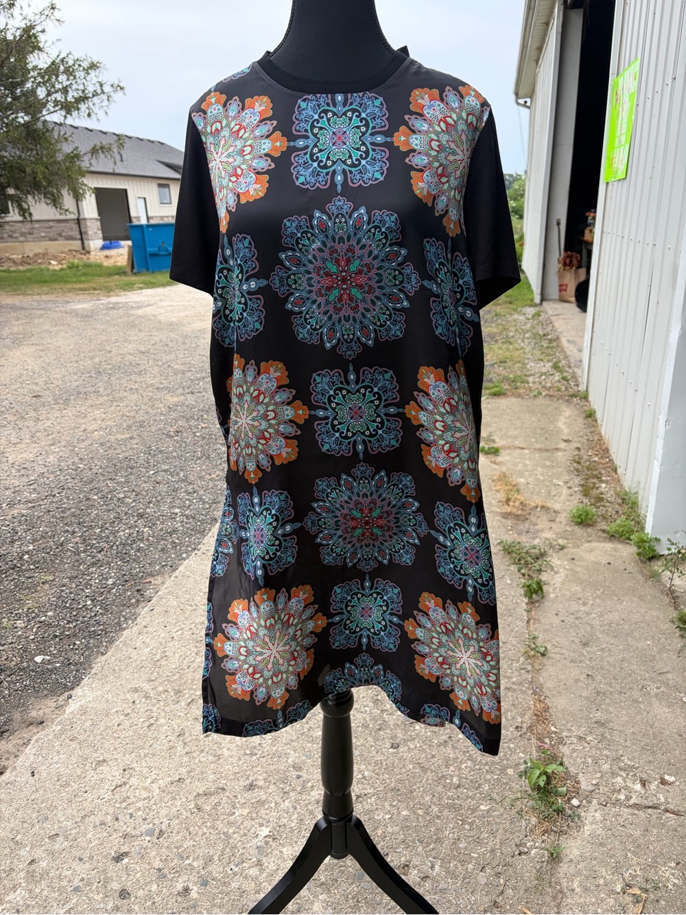 Tristan Black Mini Dress with Teal and Orange Medallion Print
